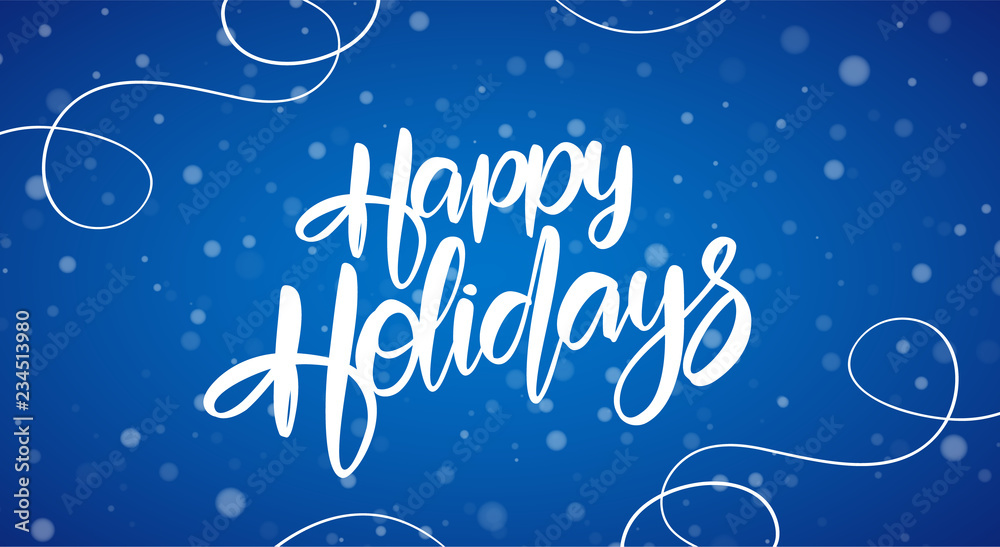 Hand drawn brush lettering composition of Happy Holidays on blue snowflakes background