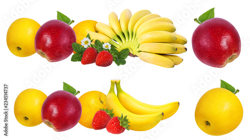 Bananas  strawberries and apples   isolated on white background