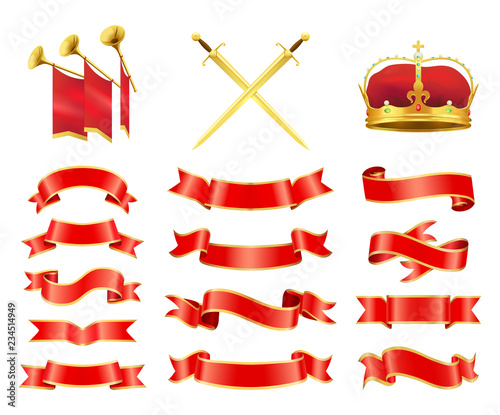 Ribbons and Swords Icons Set Vector Illustration