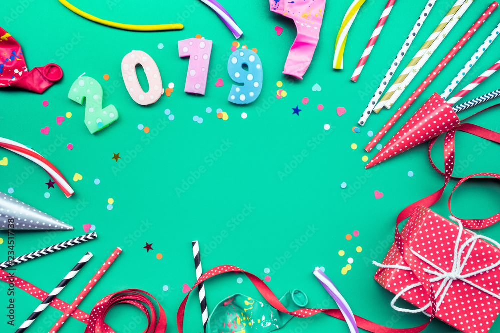 2019 celebrate,party concepts ideas with colorful element,gift box present,confetti,balloon.Flat lay