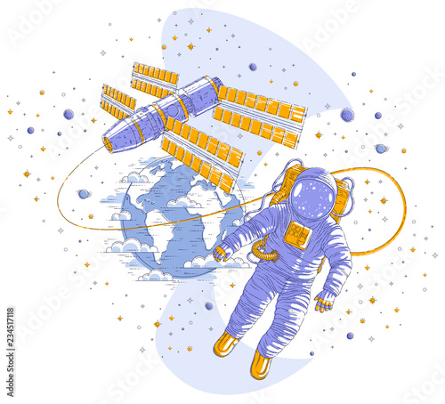 Astronaut flying in open space connected to space station and earth planet in background, spaceman in spacesuit floating in weightlessness and iss spacecraft, stars and other elements.