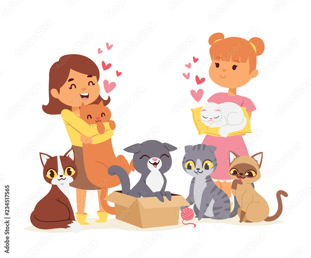 Children with pets adopt friendship concept vector illustration. Love child cat adoption. Children with pets adopt friendship concept vector illustration. Love child cat adoption.