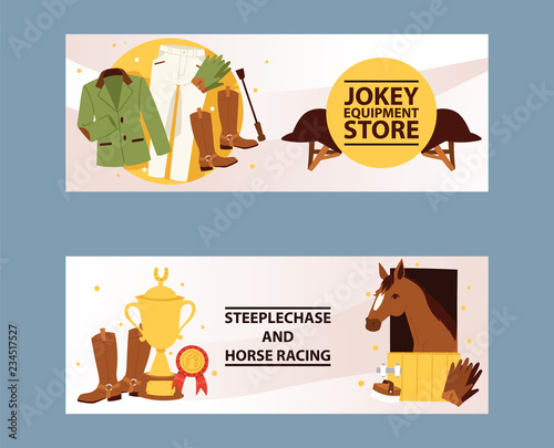 Jockey equipment store banner. Champion in horse racing competition. Clothing for steeplechase, jokey pants, gloves, shorts, jackets, leggings, helmet vector illustration.