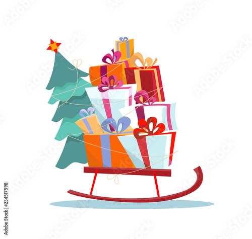 Children s sled with pile of presents and a Christmas tree on a white background. Multicolored gift boxes are beautifully decorated with ribbons and bows. Flat cartoon style vector illustration.