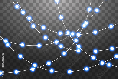 Set of blue garlands, festive decorations. Glowing christmas lights isolated on transparent background. Blue lights