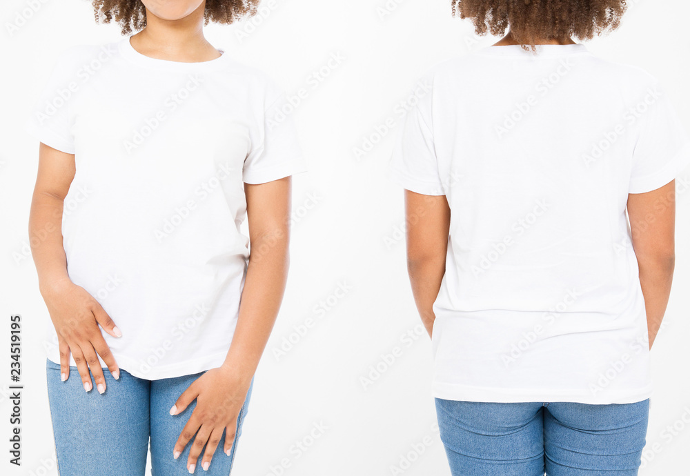 Shirts set. Summer t shirt design and close up of young afro american woman  in blank template white t-shirt. Mock up. Copy space. Curly hair. front and  back view. Cropped image Stock