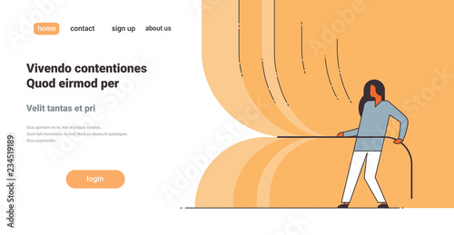 woman pulling rope opening grand ceremony celebration business event presentation ready to start concept female cartoon character full length line horizontal copy space
