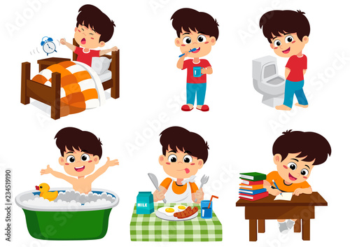 Set of daily cute boy,boy wake up,brushing teeth,kid pee,taking a bath,breakfast,kid writhing.