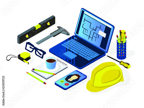 Engineering and architecture design.Flat isometric style. Drawing,mechanical engineering. Laptop, helmet and tools .Engineering workplace.Industrial architecture