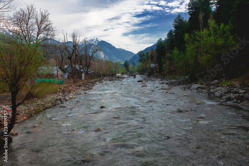 Pahalgam village,Kashmir,India during spring or autumn season. The beautiful village near the river surrounding by the nature.