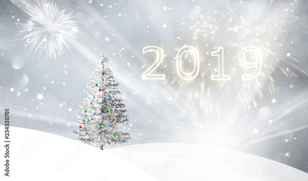 Snowy landscape with sun beams and Happy new year 2019 decoration illustration background.