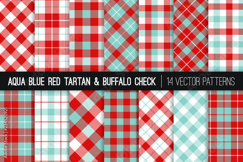  Aqua Blue and Red Tartan and Buffalo Check Plaid Vector Patterns. Christmas Backgrounds. Hipster Flannel Shirt Fabric Textures. Pattern Tile Swatches Included.
