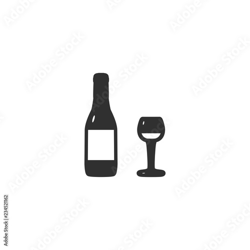 Vector illustration icons of wineglass, bottle. Flat style. Black silhouette