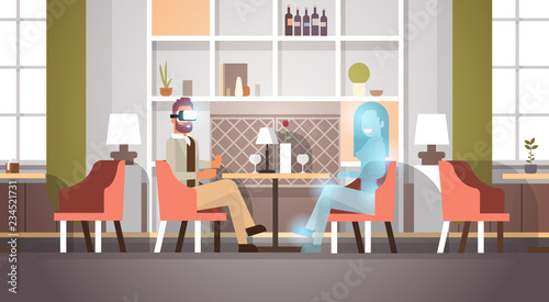 businessman wear digital glasses communicating with virtual reality woman vr vision headset innovation concept restaurant interior flat horizontal