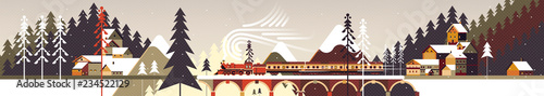 New year and Christmas mountain snowy winter landscape with coniferous forest, pines, cottages and train. Flat vector illustration for web, poster, banner, card, postcard, event icon logo or badge.