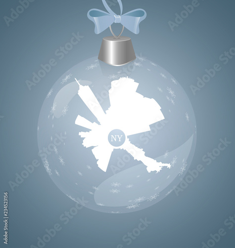 Winter New Year toy with New York city round sllhouette. Snowflakes in transparent glass toy. photo