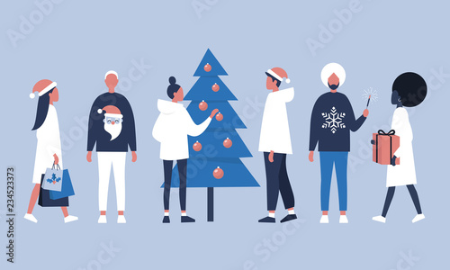 Young adults wearing santa hats, holding presents and decorating a christmas tree