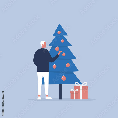 Young male character decorating a christmas tree. Winter holidays. Celebration. Flat editable vector illustration, clip art