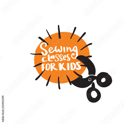 Sewing classes for kids. Funny Illustration ofpatch, and scissors.