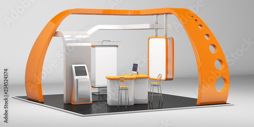 3d Illustrated unique creative exhibition stand display design with table and chair, info board, roll up