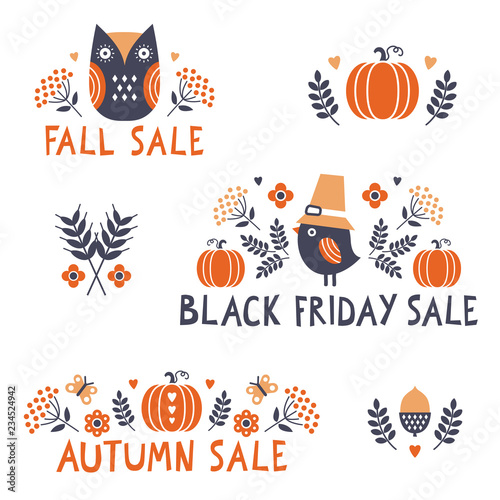 Cute set of vector marketing banners and elements for Fall and Thanksgiving for web, social media and print. Minimal candinavian style text designs for Black Friday Sale, Fall Sale, Autumn Sale.