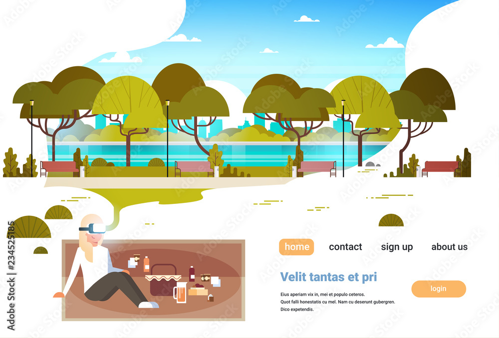 woman wear digital glasses having picnic in city urban park virtual reality vr vision headset innovation concept flat horizontal copy space woman wear digital glasses having picnic in city urban park virtual reality vr vision headset innovation concept flat horizontal copy space