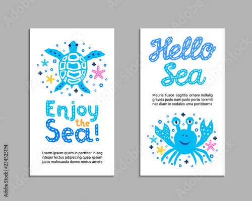 Cutout marine style kids design element paper flyer card. Lettering title Enjoy, Hello Sea. Vector funny cartoon turtle, crab doodle background. Child graphic posters
