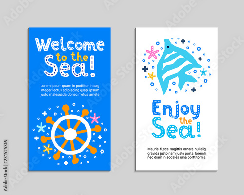 Cutout marine style kids design element paper flyer card. Lettering title Enjoy, Welcome to the Sea. Vector funny cartoon sreering wheel, fish doodle background. Child graphic posters