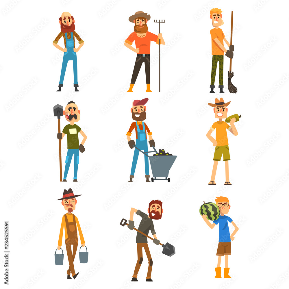 Smiling farmers set, cheerful gardeners characters at work, farming and agriculture vector Illustration on a white background