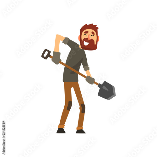 Smiling male farmer working with shovel, cheerful gardener character, farming and agriculture vector Illustration on a white background