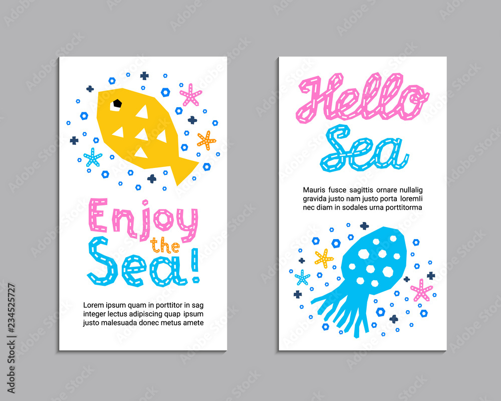 Cutout marine style animal kids design element paper flyer card. Lettering title Hello, Enjoy the Sea. Vector funny cartoon fish, calamar doodle background. Child ocean graphic posters