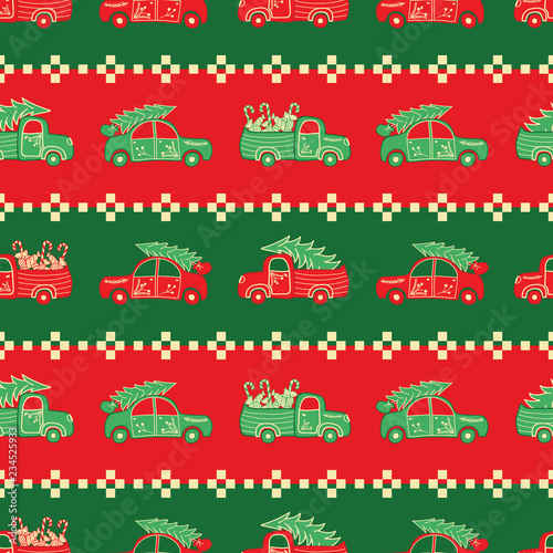 Vector green and red striped Christmas seamless pattern background decorated with trucks and cars and Nordic elements. Perfect for Christmas and New Year gift wrapping paper, fabric, decor.
