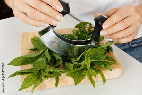 WOMAN IN KITCHEN CHOPPING MINT WITH HACHOIR / MEZZALUNA photo