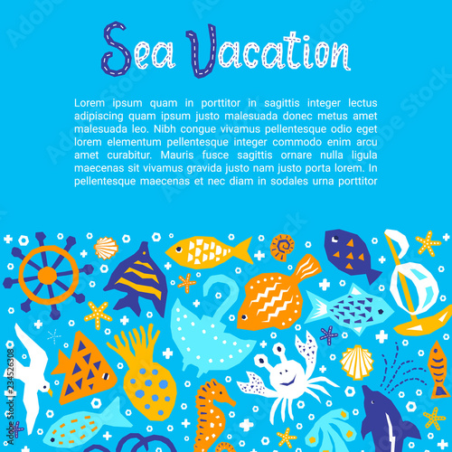 Cutout marine style kids design element paper flyer card with Sea Vacation lettering title. Vector funny cartoon doodle background of fish, gull, shell, crab, starfish, guitarfish