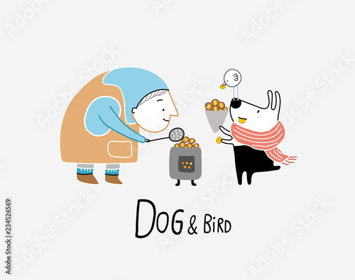 Dog & Bird and the chestnut seller, vector illustration
