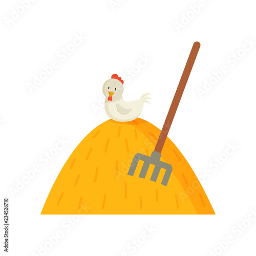 Haystack and White Hen on Top Vector Illustration
