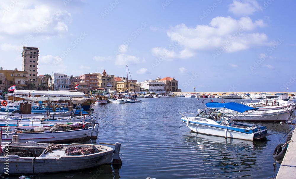The harbor of the old city of Tire on the Mediterranean. Tyre, Lebanon.