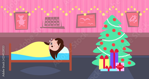 woman sleep in bad living room decorated interior merry christmas happy new year holidays concept fir tree gift boxes horizontal flat