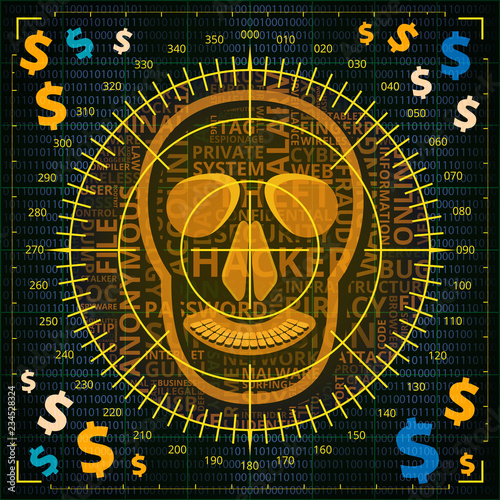 Aiming at skull with hacker related words on binary code background with dollar signs