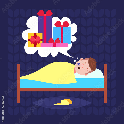 man sleep in bad dream bubble gift box present merry christmas happy new year holidays concept flat