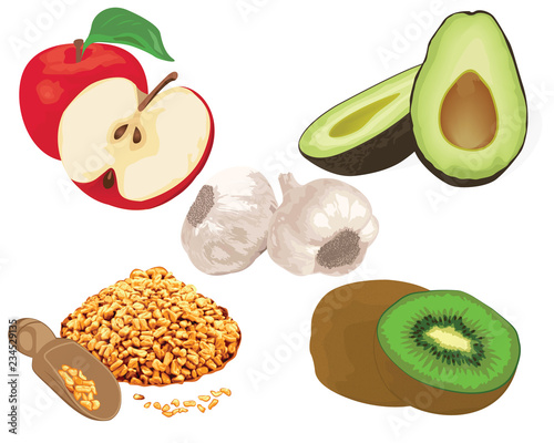 Foods to reduce cholesterol level. garlic, apple, kiwi, fenugreek, avocado 