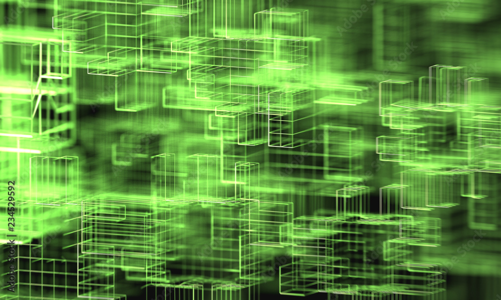 Green Light wire-frame cube rays Abstract background, 3d rendering.