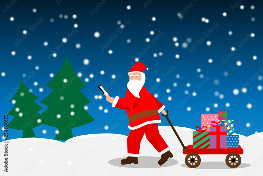 Santa Claus pulling gift box cart Santa Claus pulling gift box cart
