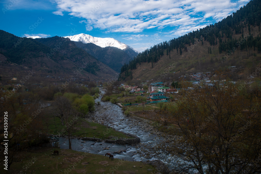 Pahalgam village,Kashmir,India during spring or autumn season. The beautiful village near the river  surrounding by the nature.