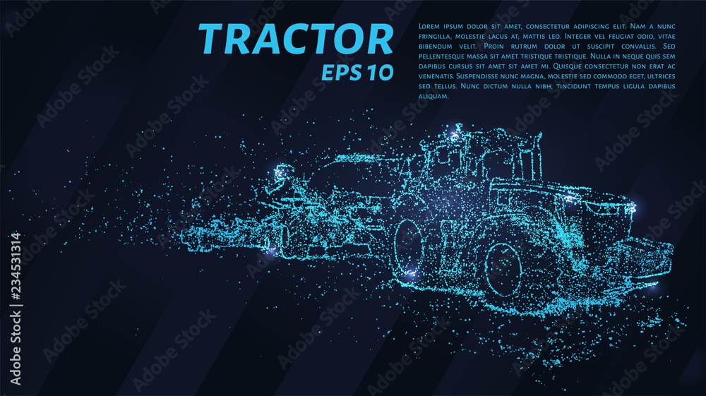 Obraz premium Tractor of blue glowing dots. Tractor with seeder vector illustration.