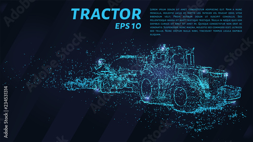Tractor of blue glowing dots. Tractor with seeder vector illustration.