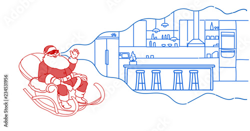 santa in sledge wear digital glasses virtual reality modern cafe interior vr vision headset concept flat horizontal
