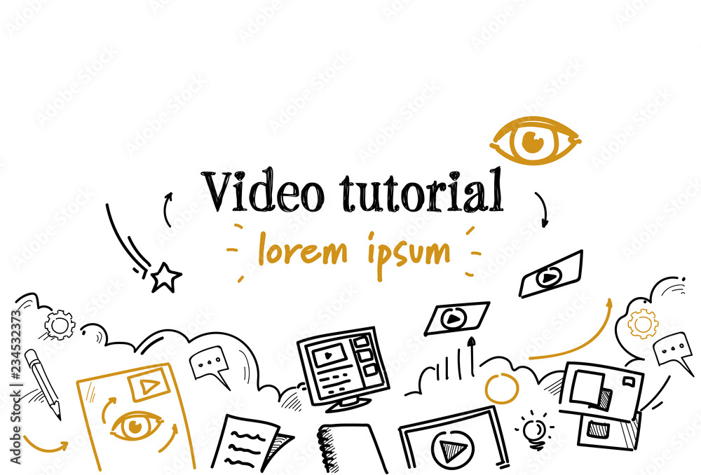 online education business video tutorial concept sketch doodle horizontal isolated - obrazy, fototapety, plakaty 