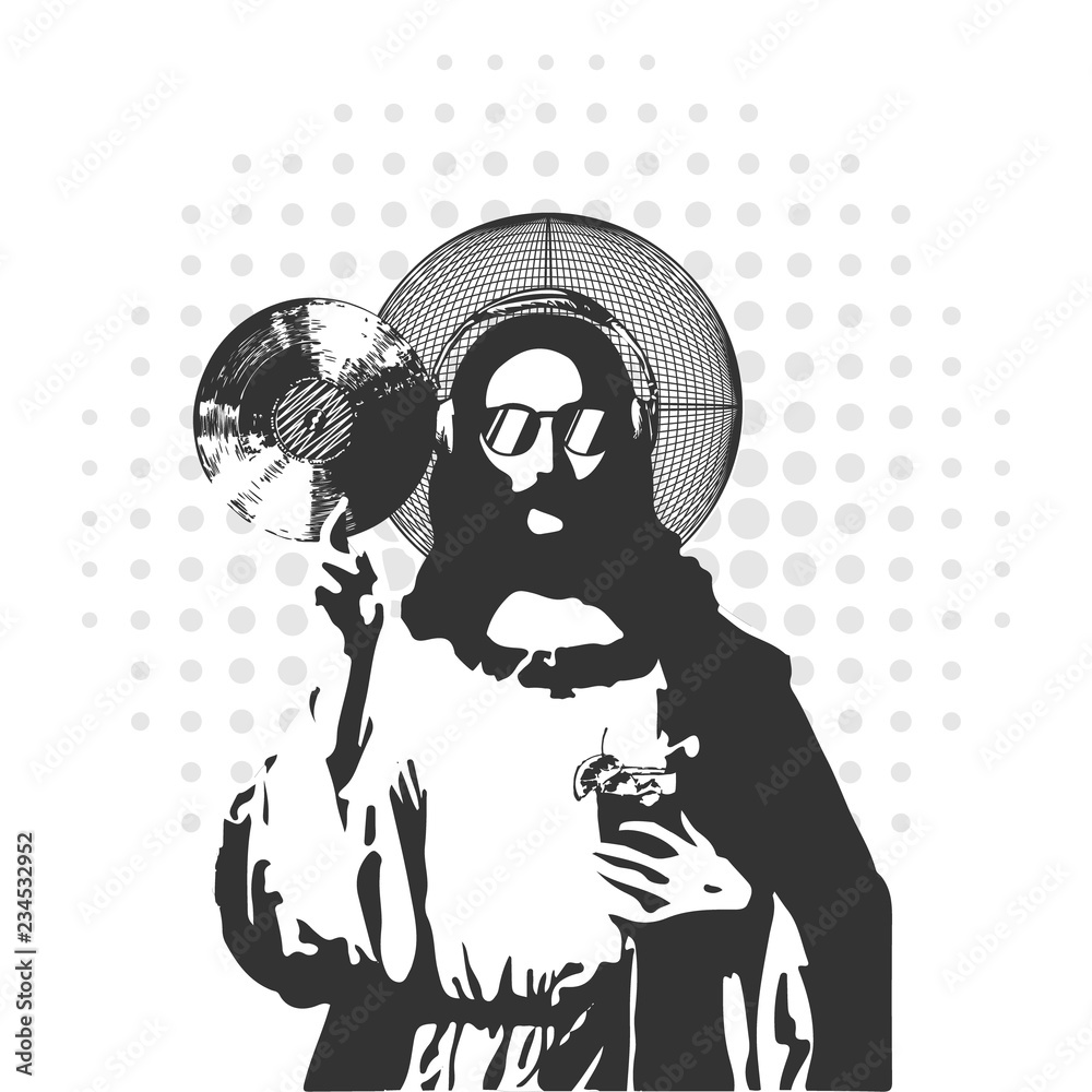jesus disk jockey with music plate and glass