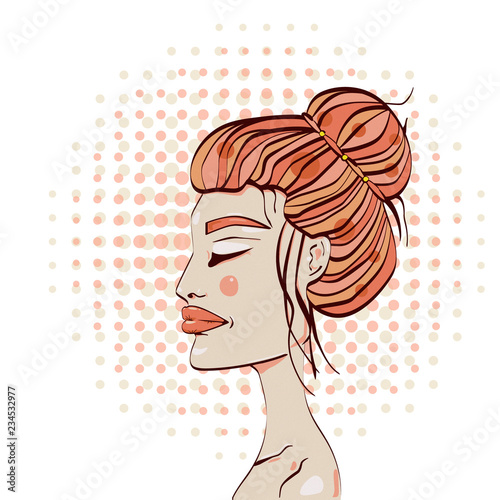 card with a graphic image of a girl face. The theme of yoga and relax.Trendy card. 